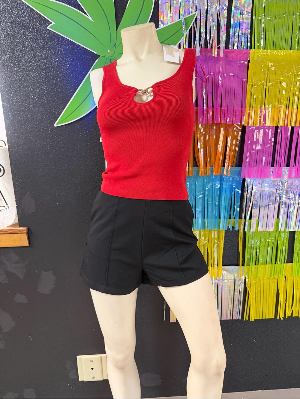 Red Ribbed Tank with Ring Detail & Black High-Waist Shorts